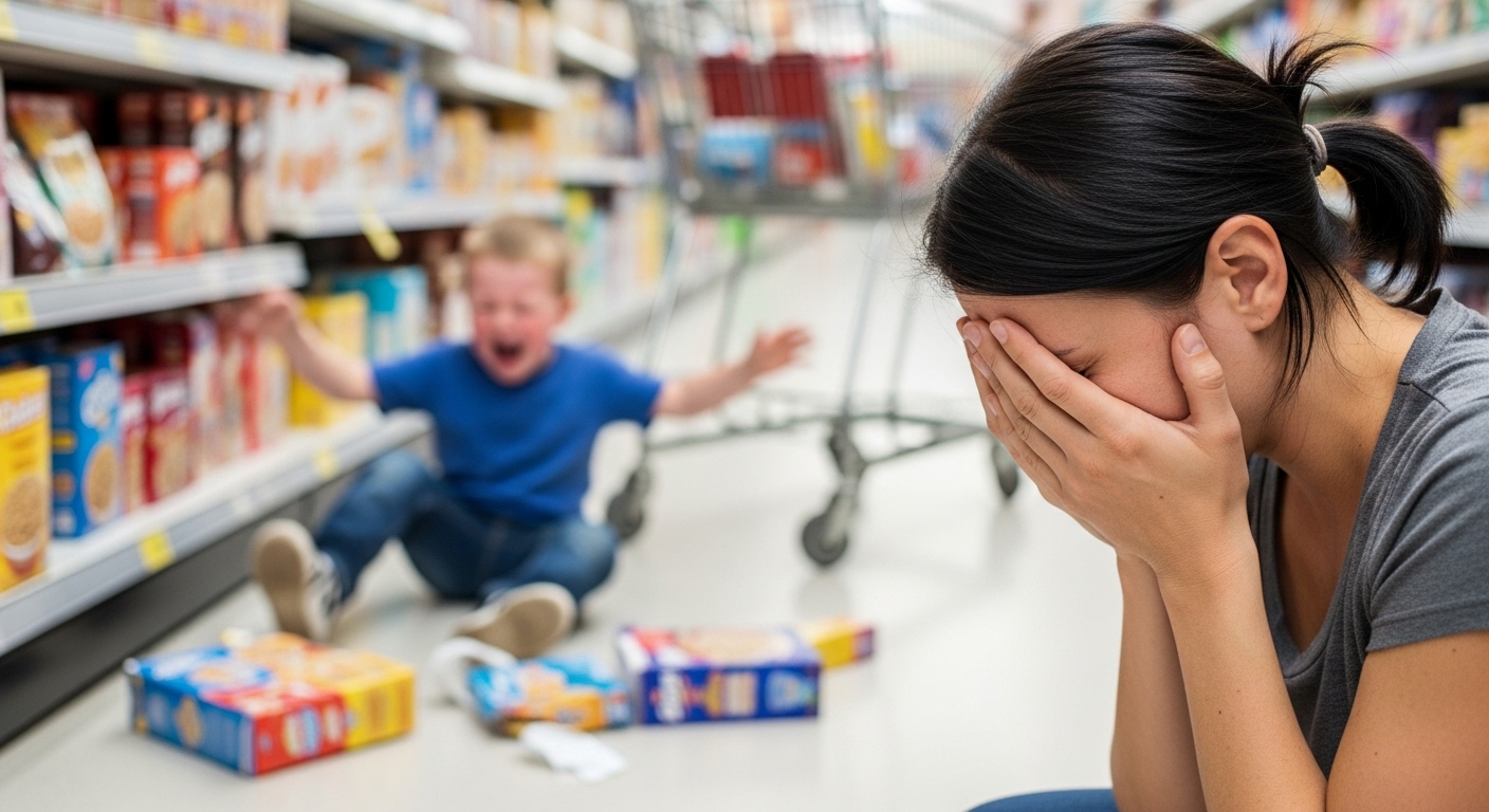 Mãe estressada com filho fazendo birra